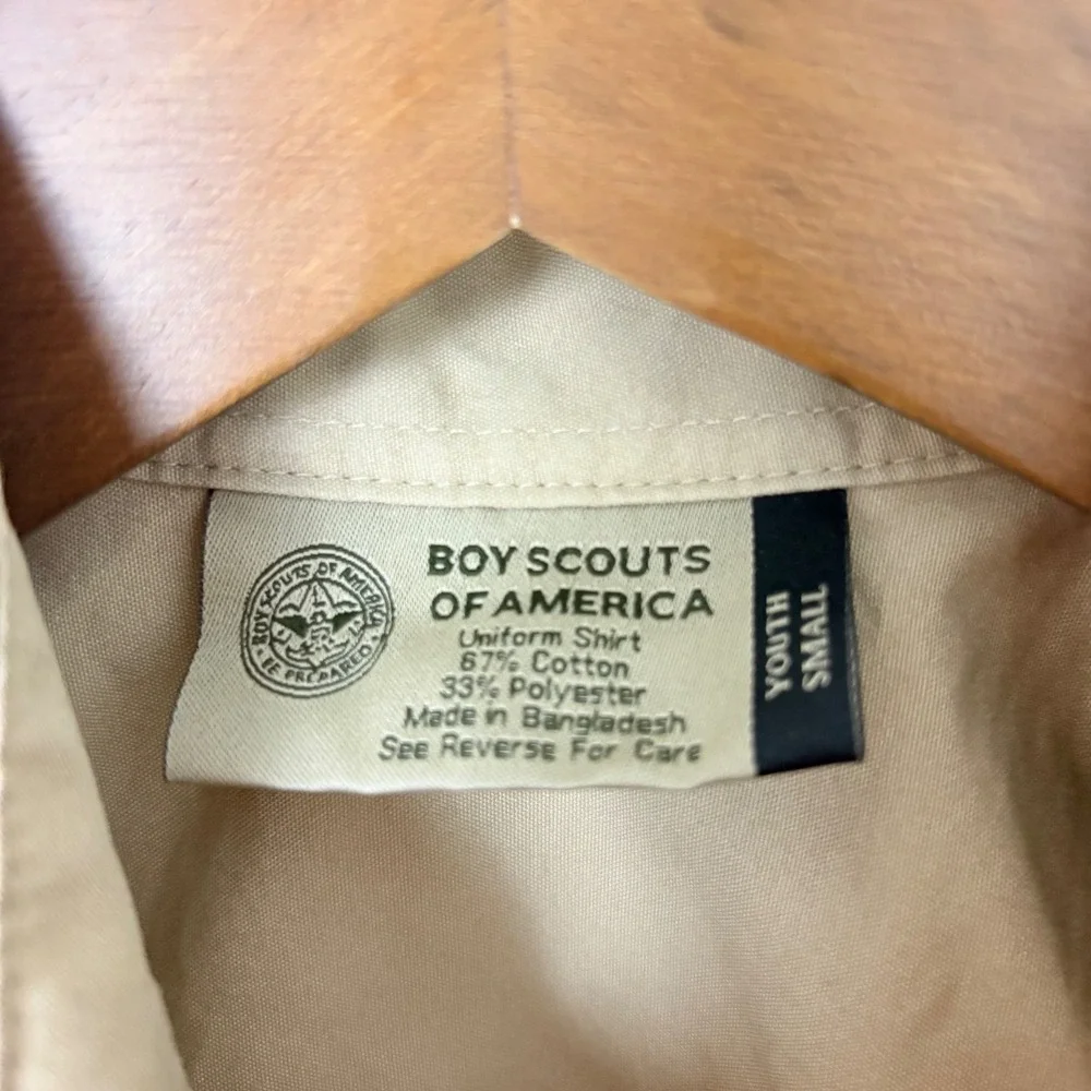 Boy Scouts of America Uniform Shirt Kids Youth S Tan Khaki Patched 584 Bobcat